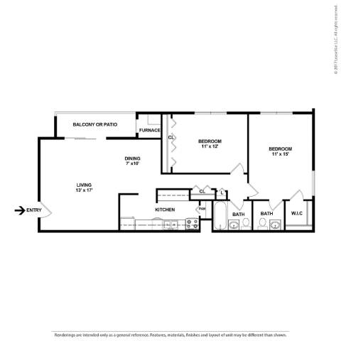 A black and white floor plan of a house with two bedrooms and a living area.