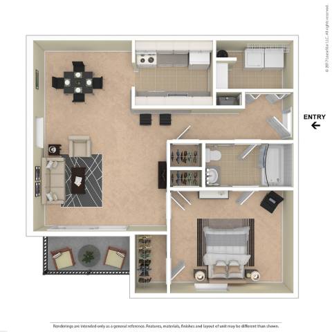 A floor plan of a small apartment with a kitchen