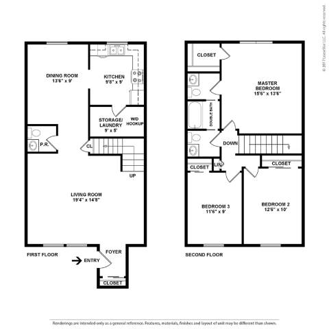 A floor plan of a two-story home with a living room