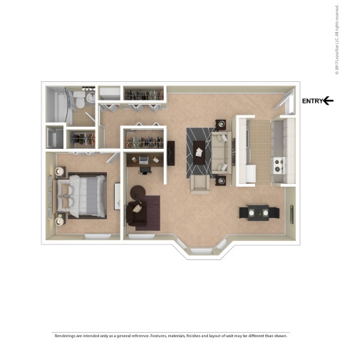 A floor plan of a room with a kitchen