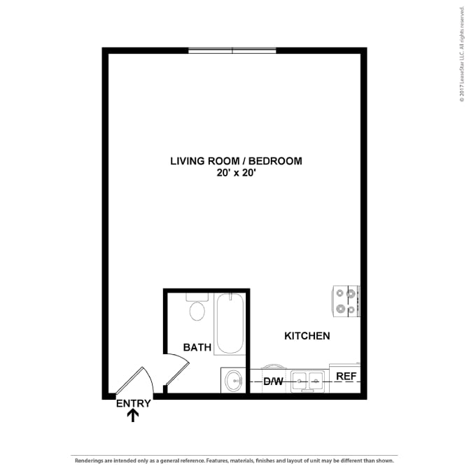 A drawing of a living room and bedroom with a kitchen area and bathroom.