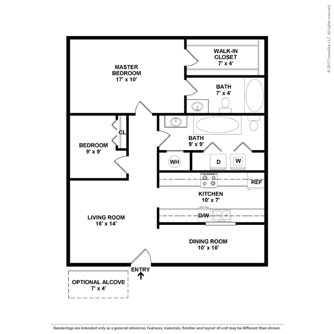 A black and white floor plan of a house with a living room, dining room, kitchen, two bathrooms, a master bedroom, and an optional alcove.