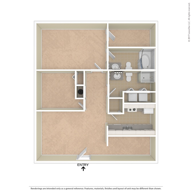A drawing of a floor plan of a room with a kitchen and living room.