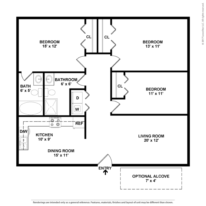 A floor plan of a house with two bedrooms, a living room, a dining room, a kitchen, a bathroom, a laundry room, and an optional alcove.