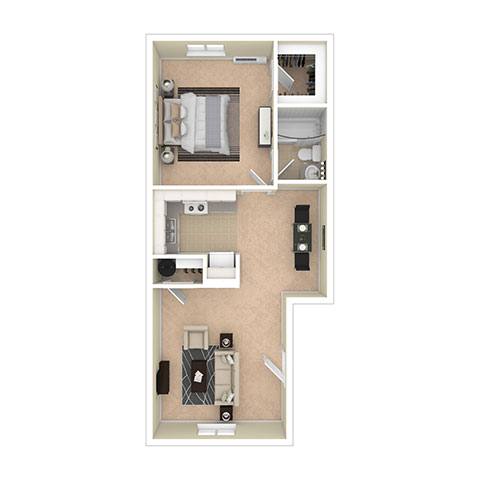 A floor plan of a small apartment with two bedrooms and a living area.