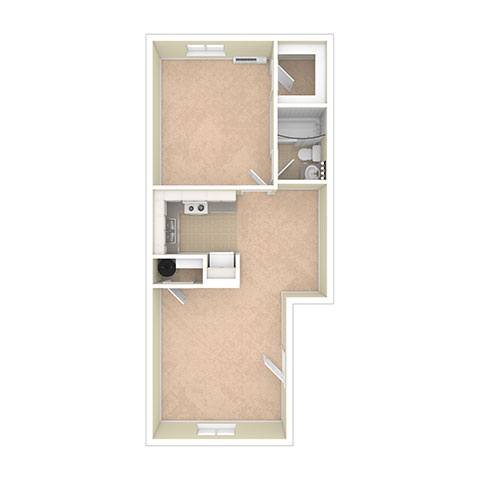 A diagram of a small apartment with a kitchen and a bathroom.