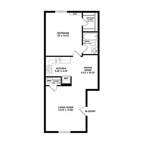 A floor plan of a one bedroom apartment with a living room