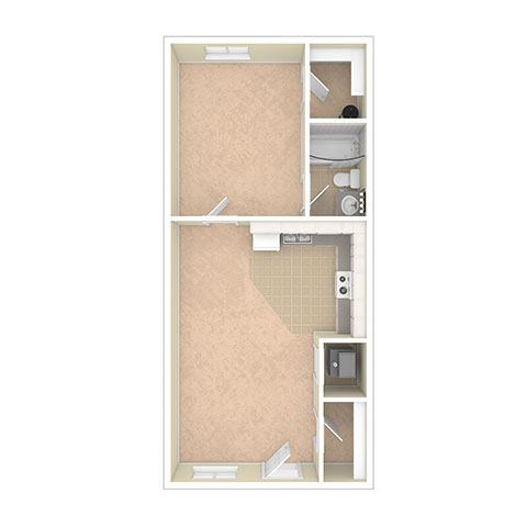 A diagram of a small apartment with a bedroom and a living room.
