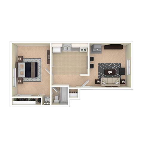 A floor plan of a small apartment with a kitchen