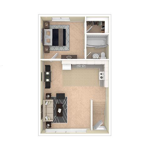 A floor plan of a small apartment with two bedrooms and a living area.