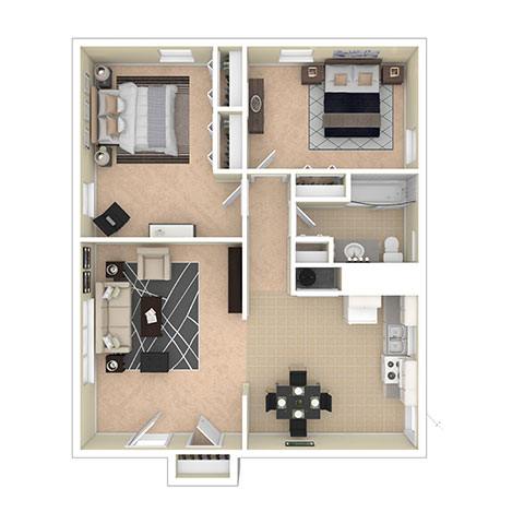 A floor plan of a two-bedroom apartment with a kitchen and living room.