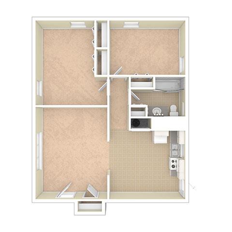 A floor plan of a small apartment with a kitchen