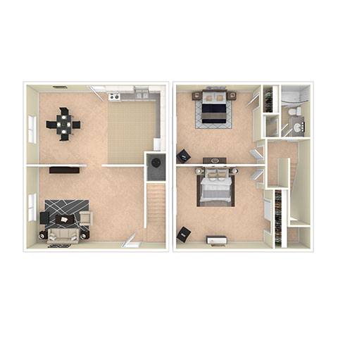 A floor plan of a two-bedroom apartment with a living room