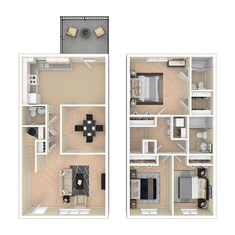 A floor plan of a two-bedroom apartment with a kitchen