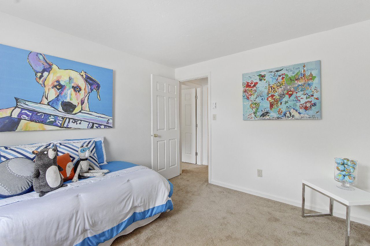 A living room with a grey couch