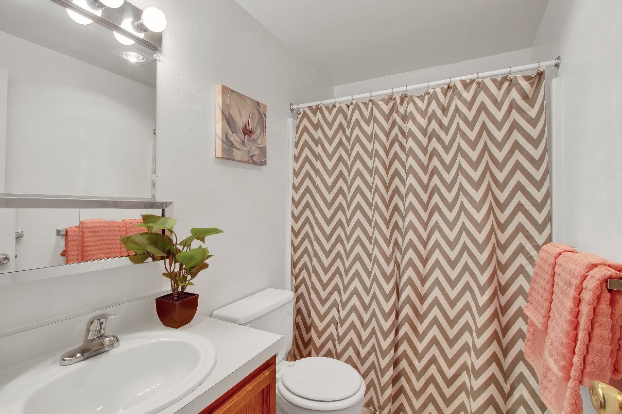 A bathroom with a sink, toilet, and a shower curtain.