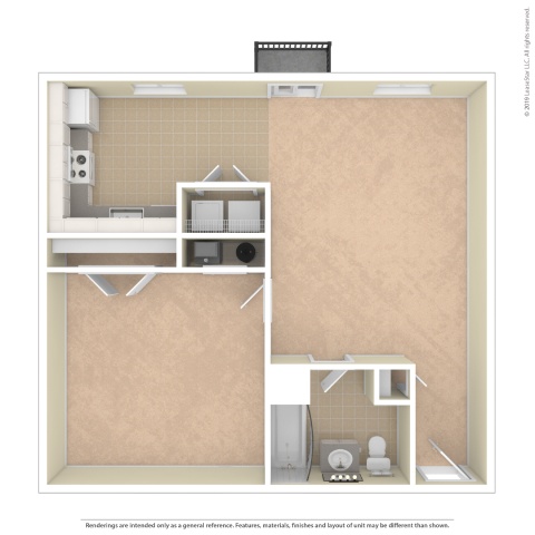 A drawing of a room with a kitchen