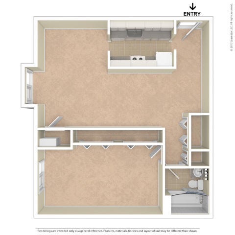 A drawing of a floor plan with an entry point.