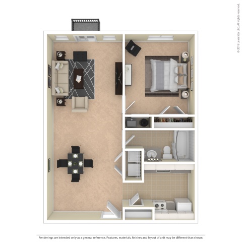 A floor plan of a room with furniture and appliances.