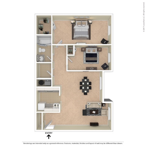 A floor plan of a house with an entry point.