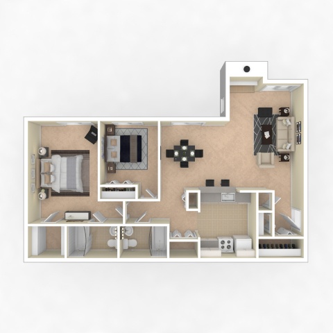 A floor plan of a small apartment with a kitchen