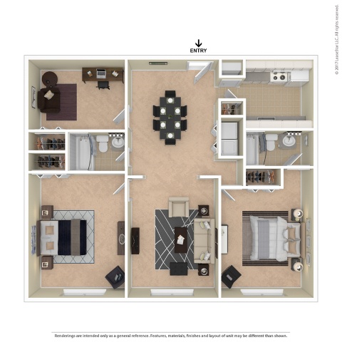 A floor plan of a small apartment with a kitchen