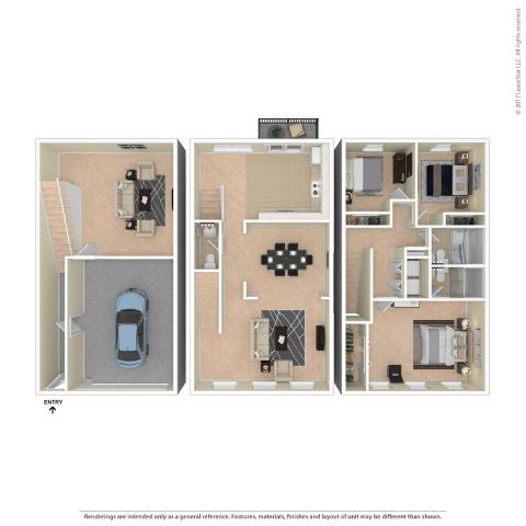 A floor plan of a house with three bedrooms