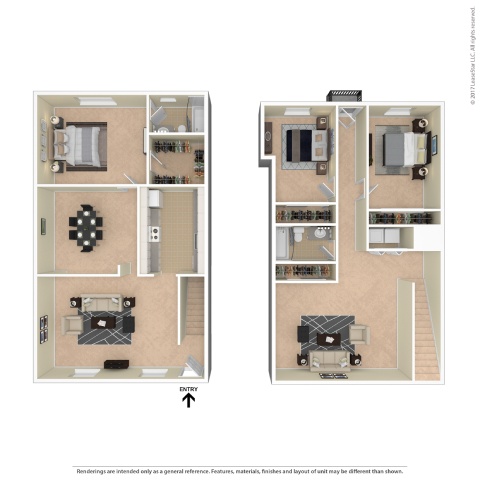 A floor plan of a two-bedroom apartment with a kitchen