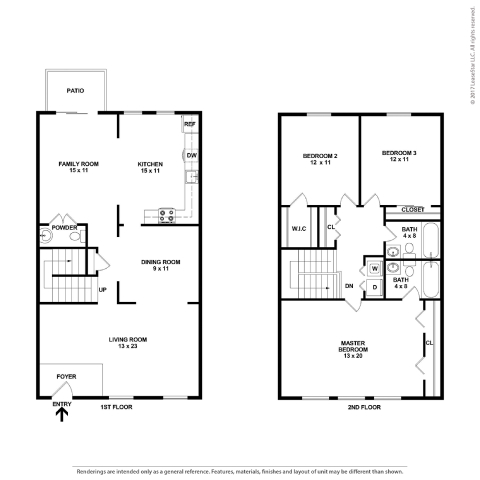 A floor plan of a two-story house with labeled rooms.