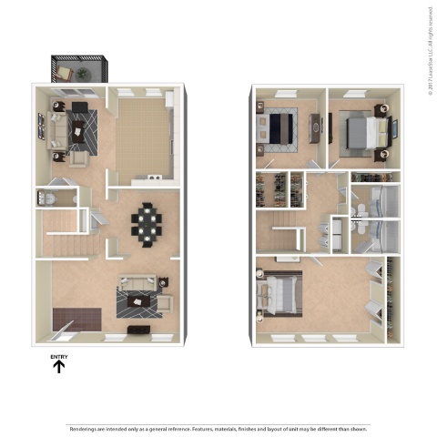 A floor plan of a two-bedroom apartment with a kitchen and living room.