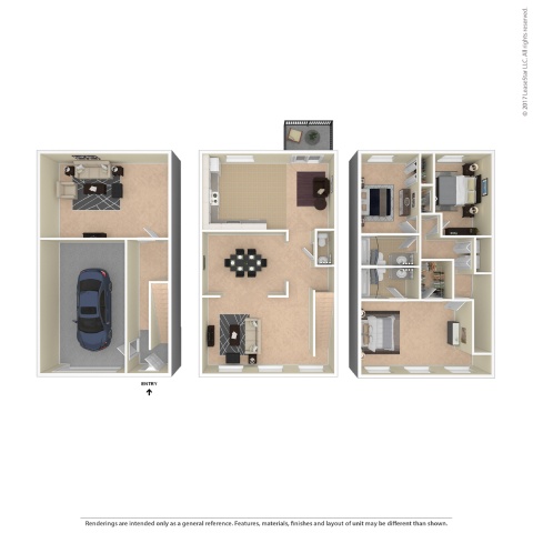 A floor plan of a small apartment with a car parked in the garage.