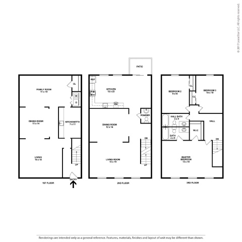 A floor plan of a house with three different views: front