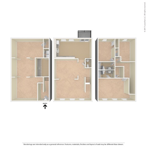 A diagram shows three different layouts for a room with a note at the bottom stating that the renderings are intended only as a general reference.
