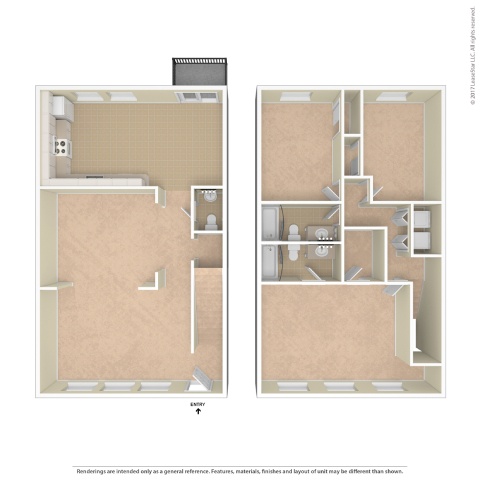 A floor plan of a house with two rooms and a bathroom.