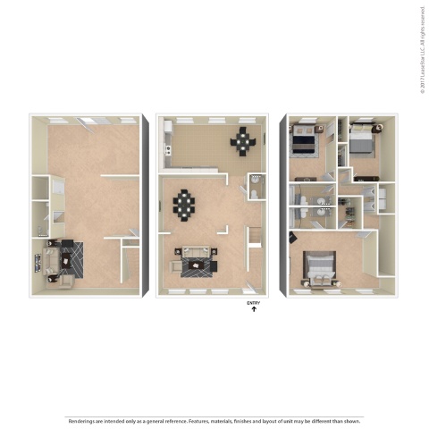Three images of a room layout with a door and a window.