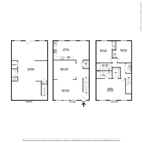 A set of three floor plans for a house with a garage and a loft.