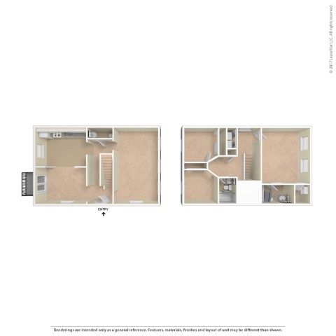 Two floor plans of a house with an entry point.