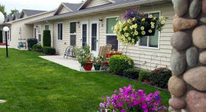 a house with a lawn and flowers in front of it