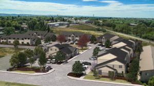 an aerial view of a neighborhood of houses