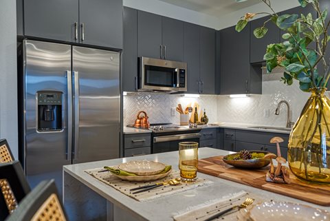 a kitchen with gray cabinets and stainless steel appliances