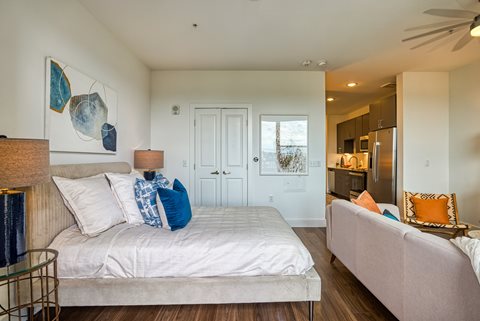a bedroom with a bed and a couch