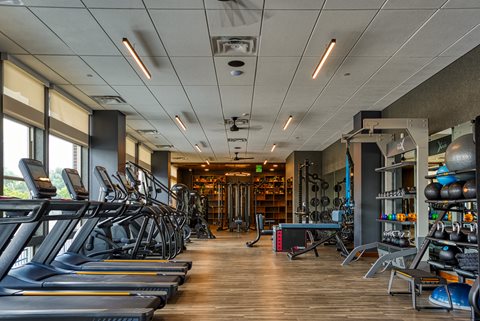 a large fitness room with cardio equipment and weights