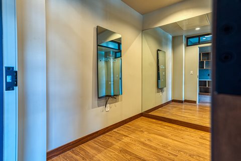 a long corridor with two mirrors on the wall and a hardwood floor
