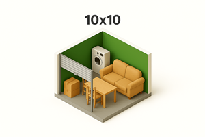 A 10x10 room with a couch, chair, and box.