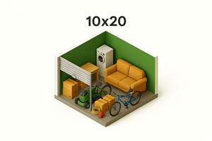 A 10x20 room with furniture and a bicycle.