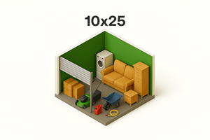 A 10x25 scale model of a room with furniture and a green wall.
