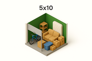 A 3D image of a room with a bicycle, a couch, a table, and a storage box.