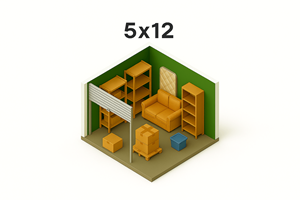 A 3D rendering of a room with a 5x12 size indication.