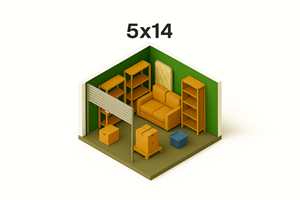 A 3D rendering of a room with furniture and a green wall with the text 5x14.