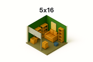 A 3D image of a room with furniture and a green wall with the text 5x16 on it.